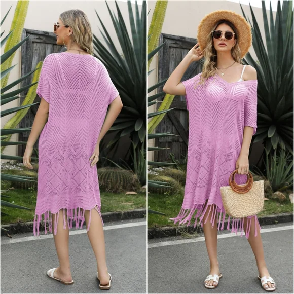 Fringe Hem Knit Beach Dress - Purple